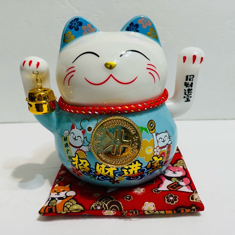 Lucky Cat Ceramic waving hand Figurine - Blue and White/ battery operated 5”Tall